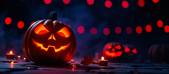 Fototapeta premium glowing jack-o-lantern with a sinister grin