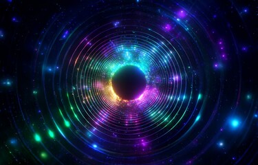 Obraz premium A dark background with multiple concentric glowing rings of rainbow colors, glowing and illuminating the empty center.