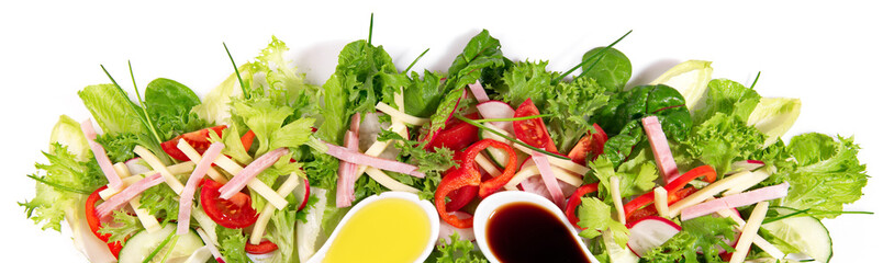Mixed Salad with sliced Ham and Cheese - Fresh Lettuce Panorama isolated on white Background