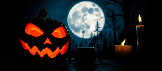 carved pumpkin glows under a full moon