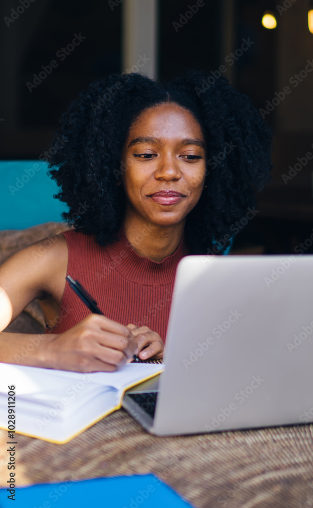 Poster positive dark skinned hipster girl reading questions of test for finding out features of own charact