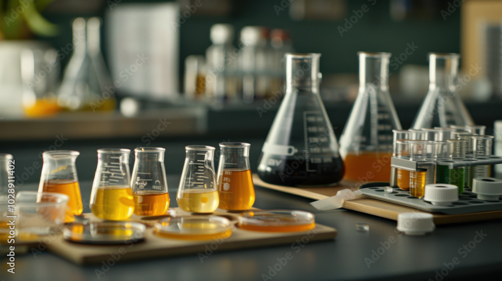 Poster laboratory equipment and glassware filled with colorful liquids are arranged on table, showcasing vi