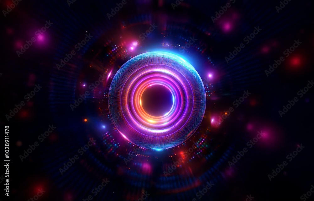 Poster a bright circular ring with glowing neon lines surrounded by scattered bokeh in a dark background.