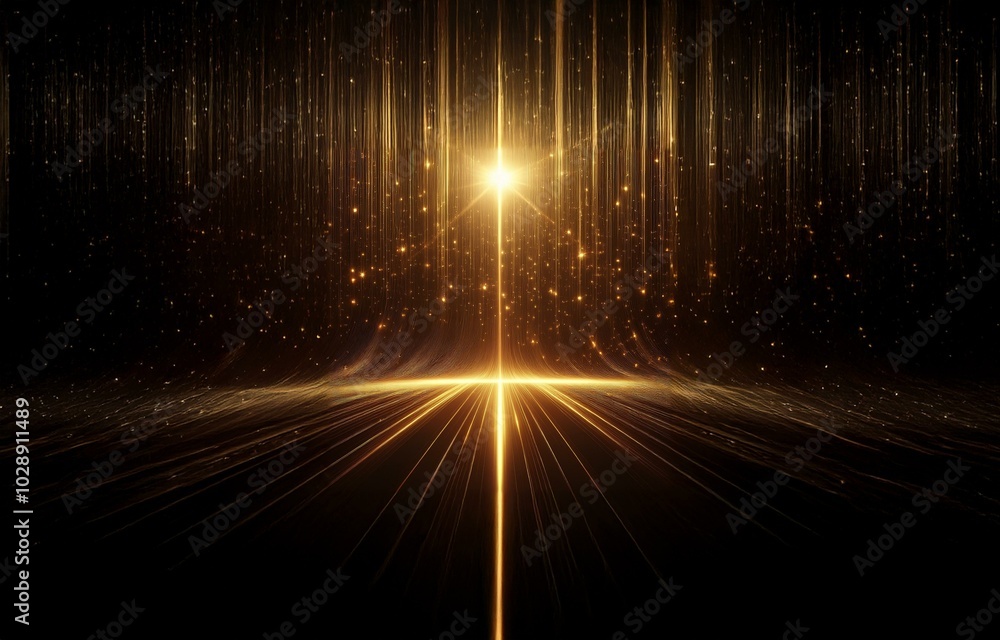 Poster a dark background with vertical and horizontal streaks of golden light converging in the center with