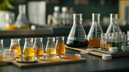 Laboratory equipment and glassware filled with colorful liquids are arranged on table, showcasing vibrant science experiment in progress. atmosphere is focused and dynamic