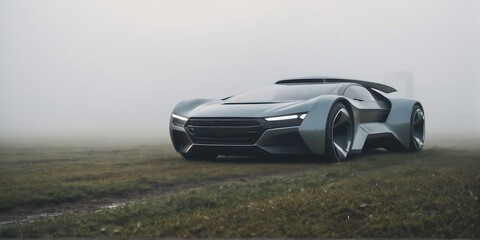 Fototapeta premium Futuristic vehicle parked on a foggy mountain with copy space. Cool scene with a futuristic vehicle.