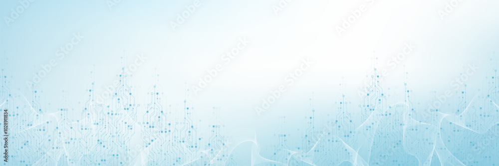Fototapete Digital technology abstract background with AI circuit board texture. Technology connected blue lines with electronics elements on tech BG. Semiconductor hardware. Cyber engineering.