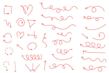 Isolated vector arrows, hand drawn on a white background. Straight, curved, circular, multidirectional arrows