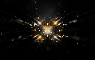 Fototapeta premium Golden orbs and glowing lines radiate from the center on a black background.