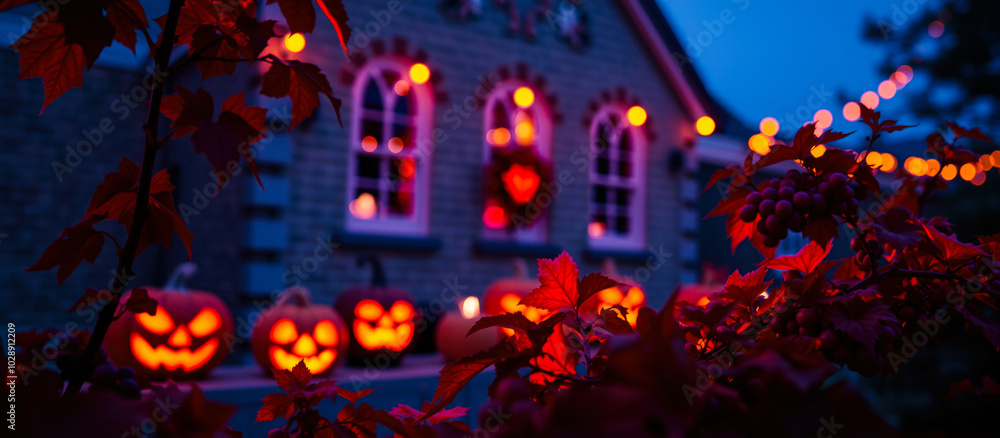 Poster red leaves frame a festive fall scene