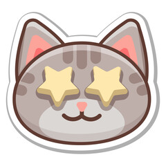 Emotion sticker dreaming gray cat with stars in eyes. Vector illustration.