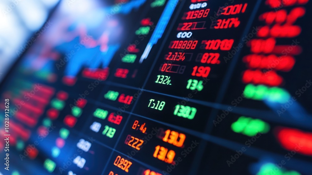 Poster close-up of a stock market ticker with numbers and data in red and green.