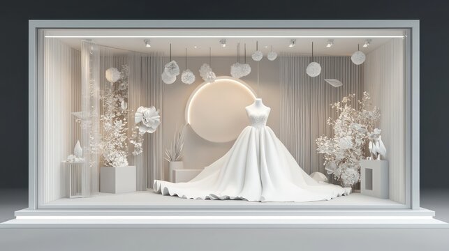Themed decor and a stunning wedding gown featured in a blank 3D bridal shop window mockup.