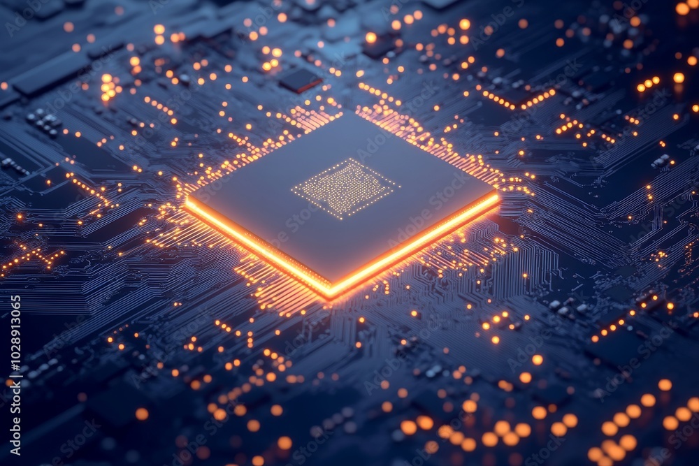 Poster modern futuristic colorful computer cpu, big cpu in the middle surrounded by colorful wires. stock i