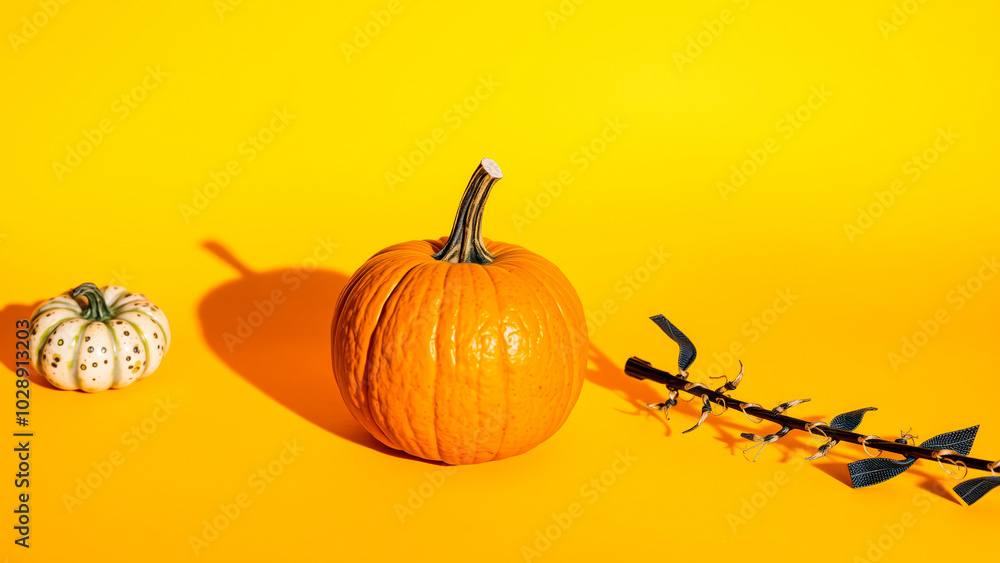 Sticker large pumpkin a small white pumpkin a branch with dark leaves on a yellow background