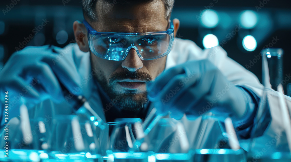 Poster scientist performing experiment in laboratory, focused on precise measurements with glassware and ad