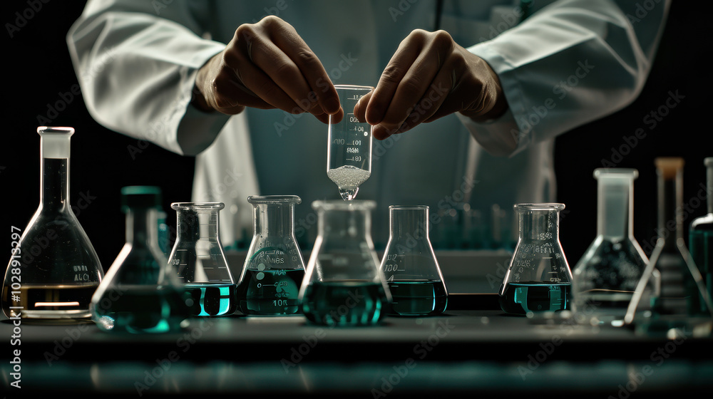 Poster scientist performing experiment using advanced laboratory equipment, carefully measuring liquids in 