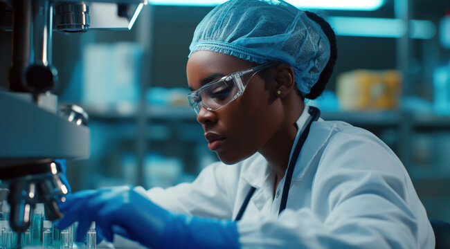 Medical bio laboratory, Research, Science test technology. Pharmaceutical lab specialist examines medicine vials, hospital patient samples. Medical student conducts research. Realistic style photo