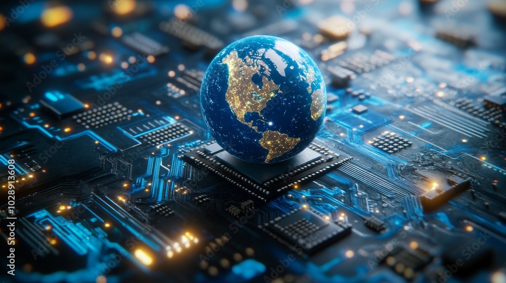 Poster connectors and planets on a microcircuit board. 3d rendering using stock.
