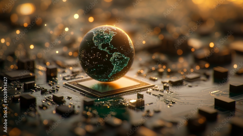 Poster . 3d rendering of earth planet and microcircuit board with generative ai.