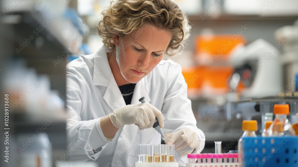 Poster scientist performing experiment with liquids in laboratory, focused on precise measurements and anal