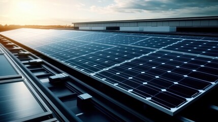 Photovoltaic panels installed on the roof of an industrial building, solar power for businesses, rooftop installation, industrial solar, clean energy