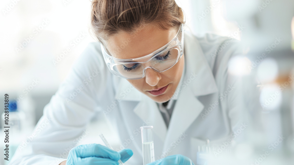 Poster scientist is focused on conducting experiments using laboratory equipment, showcasing precision and 