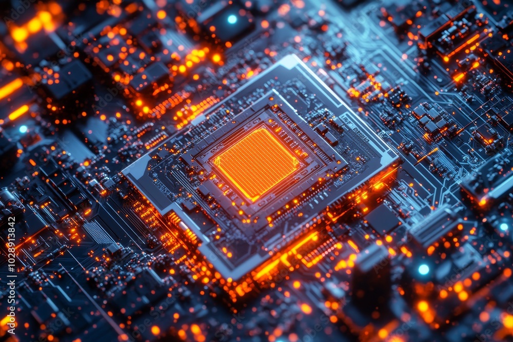 Poster an electronic circuit board with glowing lights on it is what is shown in this close-up of a cpu chi