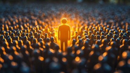 Fototapeta premium Group small orange figures standing middle large crowd A human resources officer