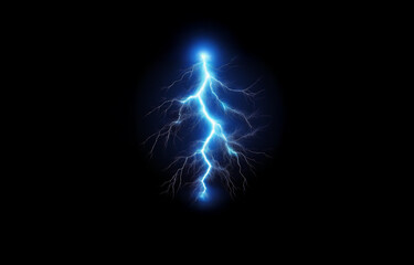 Obraz premium A single lightning bolt is shown in the center of the image, bright white against a dark blue and black background.