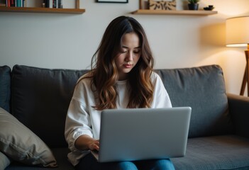 Fototapeta premium Woman working on a laptop at home, focused and engaged in her task.