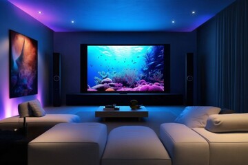 Modern home theater room large flat-screen TV mounted cinema, living