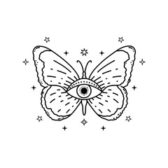 Butterfly with mystical eye in doodle style on white background.