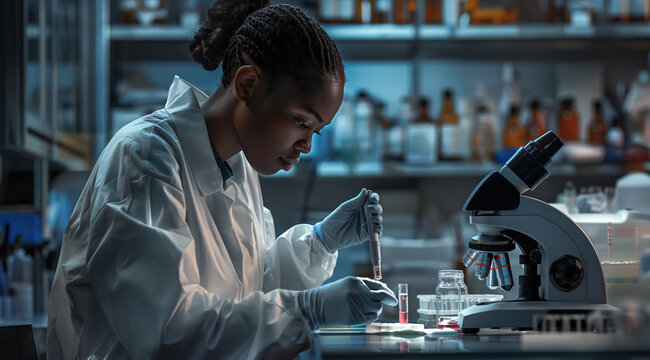 Medical bio laboratory, Research, Science test technology. Pharmaceutical lab specialist examines medicine vials, hospital patient samples. Medical student conducts research. Realistic style photo