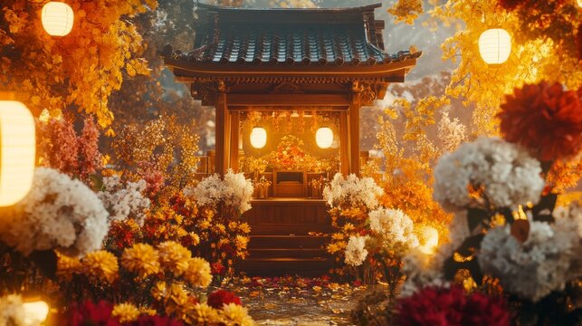 An empty scene featuring a traditional wooden shrine surrounded by vibrant autumn flowers and softly glowing lanterns, 