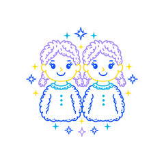 Gemini zodiac sign  in  doodle style with soft colors on white background, tailored for children's decor.