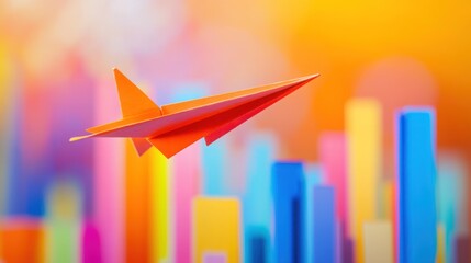 An orange paper airplane soars over a cityscape made of colorful bar graphs.