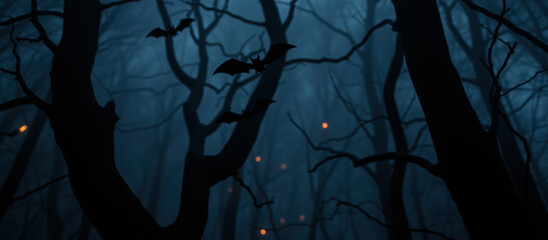 bats fly through a dark misty forest