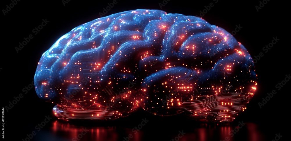 Poster hologram of the brain. stock ai machine deep learning. business technology internet network concept.