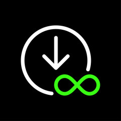Unlimited, infinite, limitless downloads vector icon in line style design for website, app, UI, isolated on black background. Editable stroke. Vector illustration.