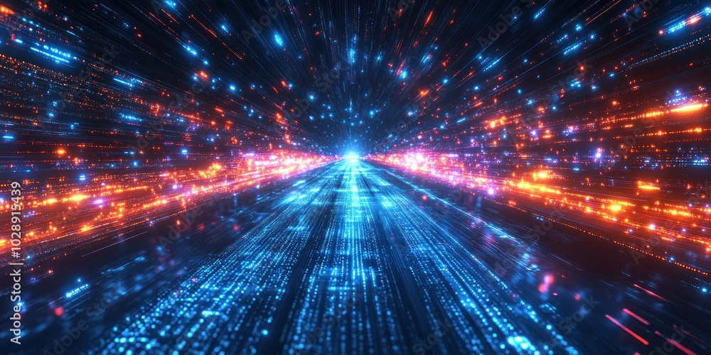 Poster a vibrant digital tunnel with glowing particles representing data flow and speed.