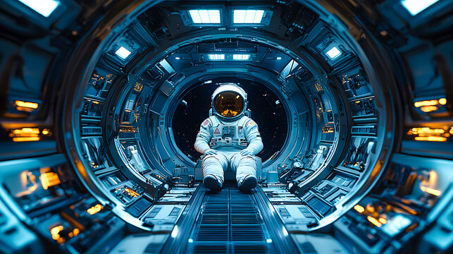Astronaute avec casque et combinaison assis dans son engin spatial