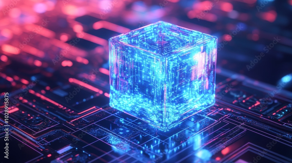 Poster generate a computer image of a blue glowing cube of data floating over a circuit board.