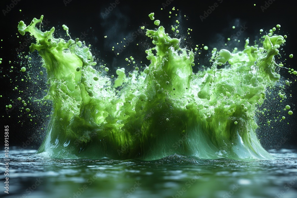 Poster a vibrant splash of green liquid creating dynamic patterns and textures in water.