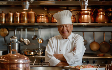Professional Chef. Portrait male chef with cook hat, white uniform. Portrait of an old Italian or French chef, standing in the kitchen, restaurant, cooking class, cooking school. Realistic style photo