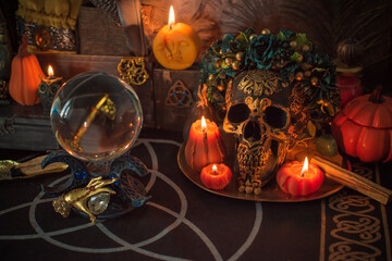 Halloween altar details, spooky wax candles in mystery atmosphere