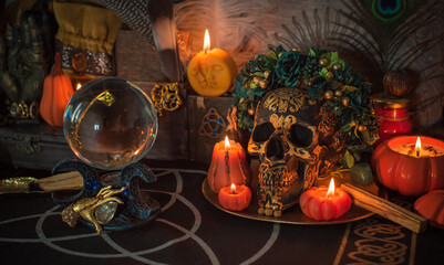 Halloween altar details, spooky wax candles in mystery atmosphere