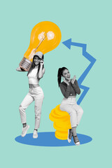 Vertical photo collage of two happy girls colleagues sit coin arrow income light bulb idea finding...