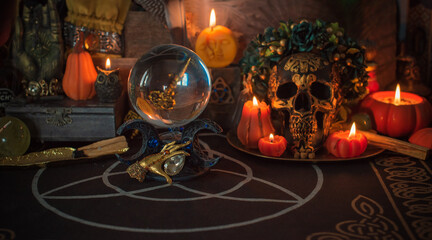Halloween altar details, spooky wax candles in mystery atmosphere