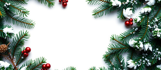 green pine branches with red ornaments faux snow form a festive frame